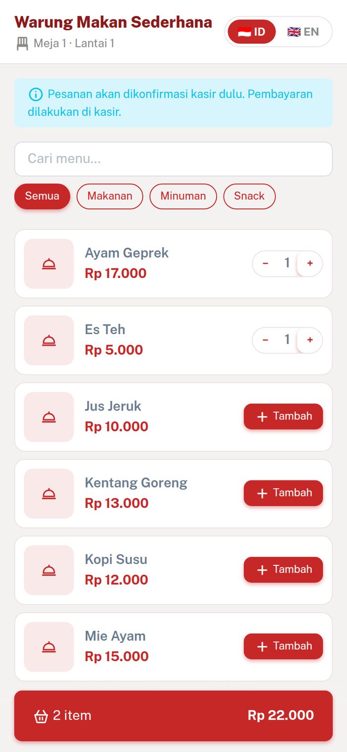 Menu QR di HP pelanggan